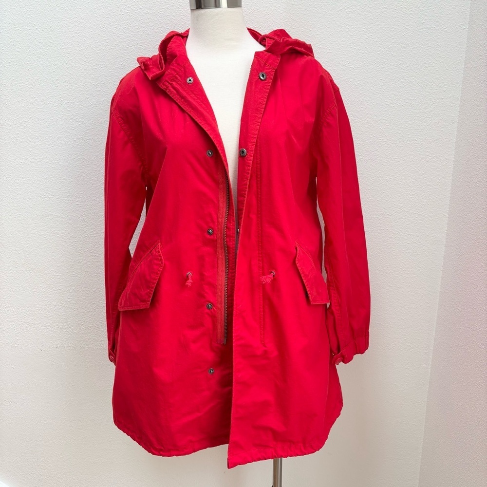 Garnet Hill Utility Jacket Hooded Long Anorak Lightweight Coat Cotton Red Size 6 - Picture 2 of 12